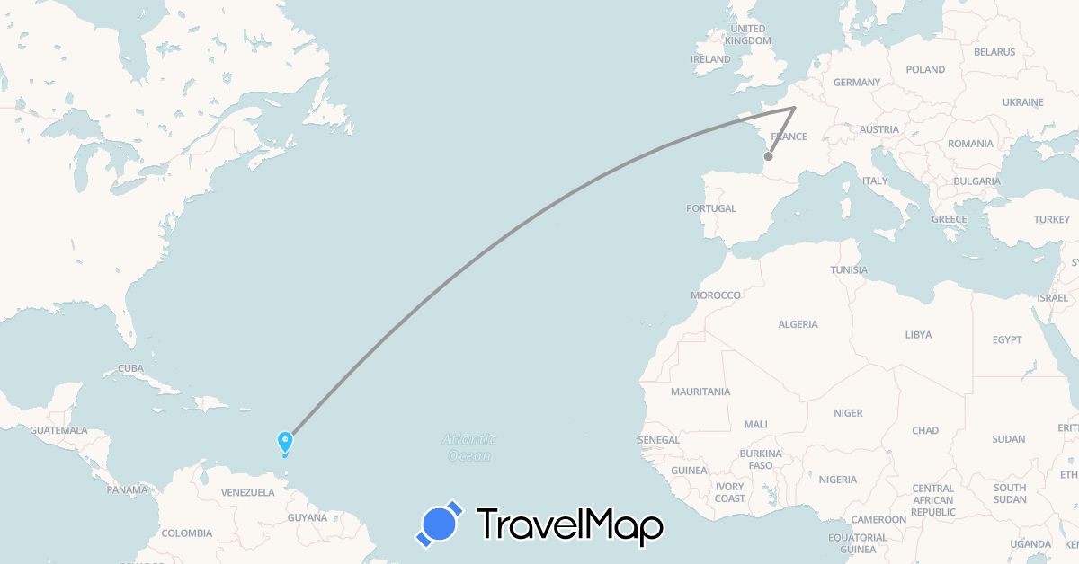 TravelMap itinerary: bus, plane, boat in France, Grenada, Martinique, Saint Vincent and the Grenadines (Europe, North America)